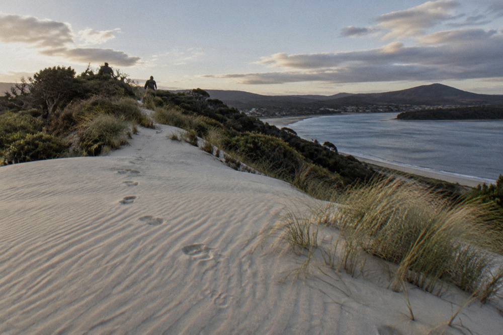 Tall white sand dunes with low coastal vegetation under a wide sky