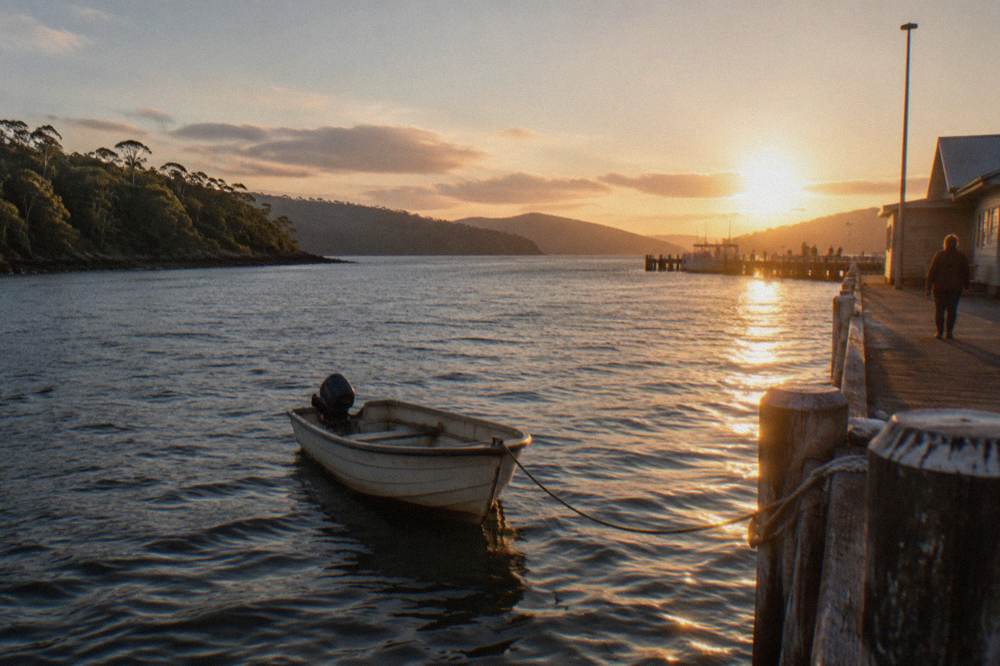Golden evening light across a wide dark harbour with distant forested headlands