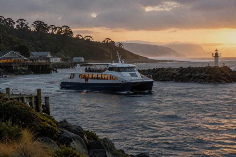 A passenger catamaran on Macquarie Harbour near Strahan in Tasmania in late afternoon light on a dinner cruise