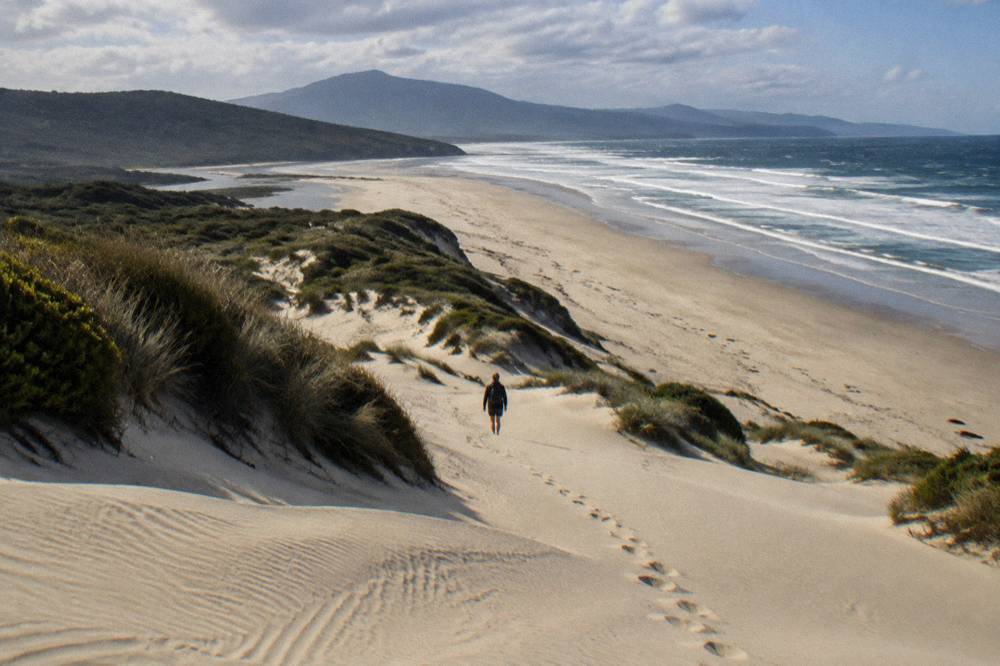 Tall pale sand dunes rising above a long empty beach with distant mountains