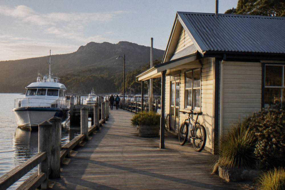A wooden wharf office building beside moored boats on a small harbour waterfront