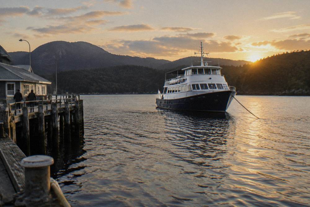 An anchored cruise boat on dark harbour water in late afternoon light
