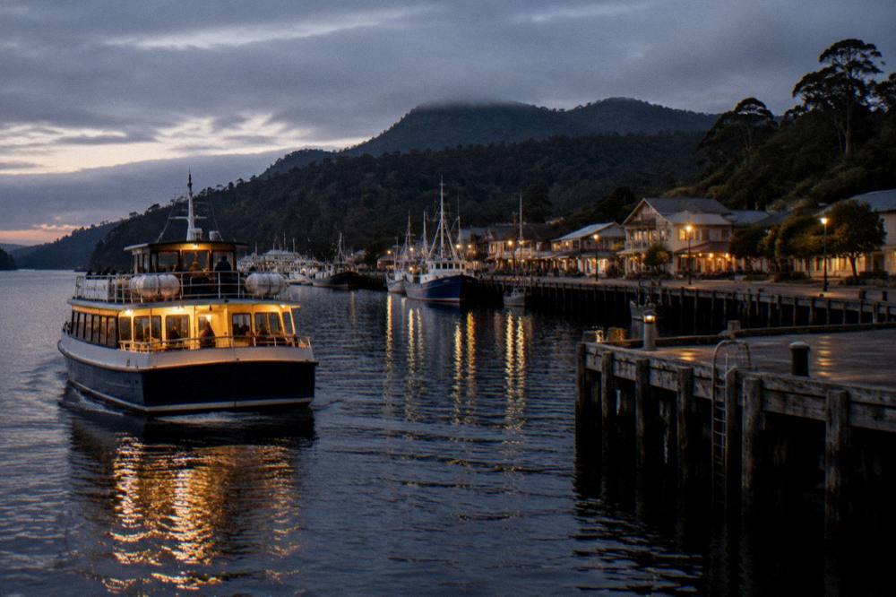 Cruise vessel at dusk on dark harbour water with warm cabin light and the lights of the Strahan wharf beyond