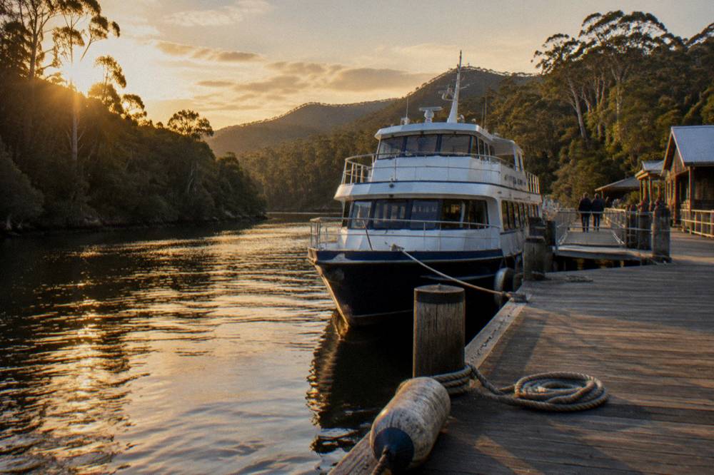 Cruise vessel moored at a small timber jetty beside rainforest on a dark river