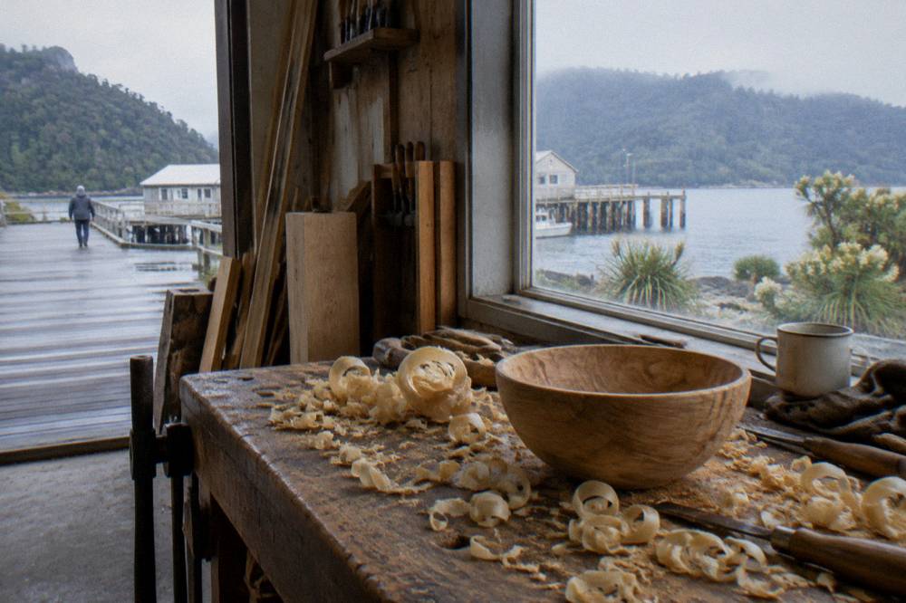 Close view of pale golden Huon pine timber grain on a worked wooden surface