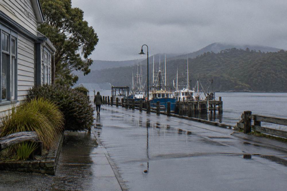 Quiet waterfront street with parked cars beside a timber-clad building and masts beyond