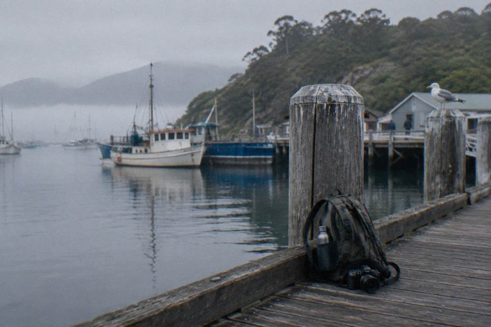 Small day pack with a water bottle, jacket and camera resting on a wharf bench